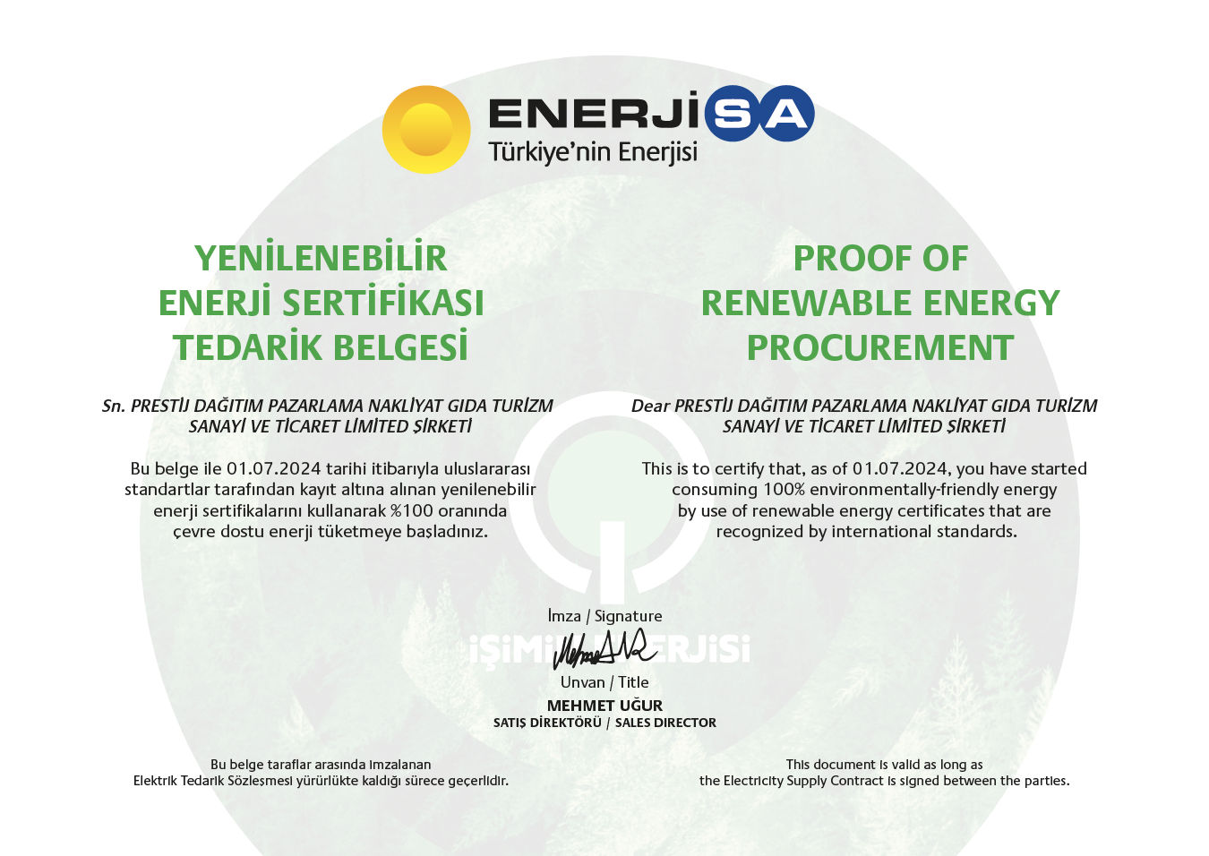 Yenilenebilir Enerji Sertifikasıyla Çevre Dostu Adımlarımızı Pekiştiriyoruz!